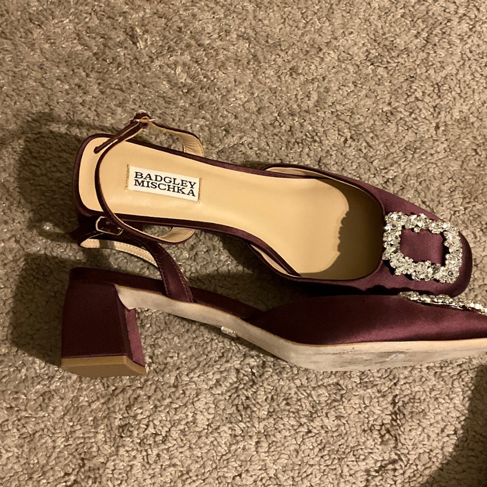 Badgley Mischka Vivia Satin Block Heel Slingbacks with Crystal Buckle - Picture 5 of 9